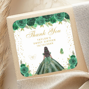 Green Floral Dark Skin Princess Sweet Sixteen Square Sticker