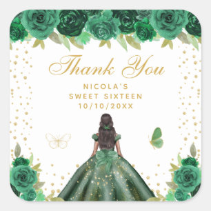 Green Floral Dark Skin Princess Sweet Sixteen Square Sticker