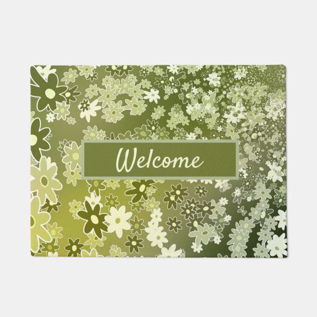 Green Floral Design Welcome Personalise Doormat (Front)