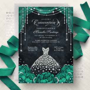 Green Floral Diamond Quinceanera Invitation