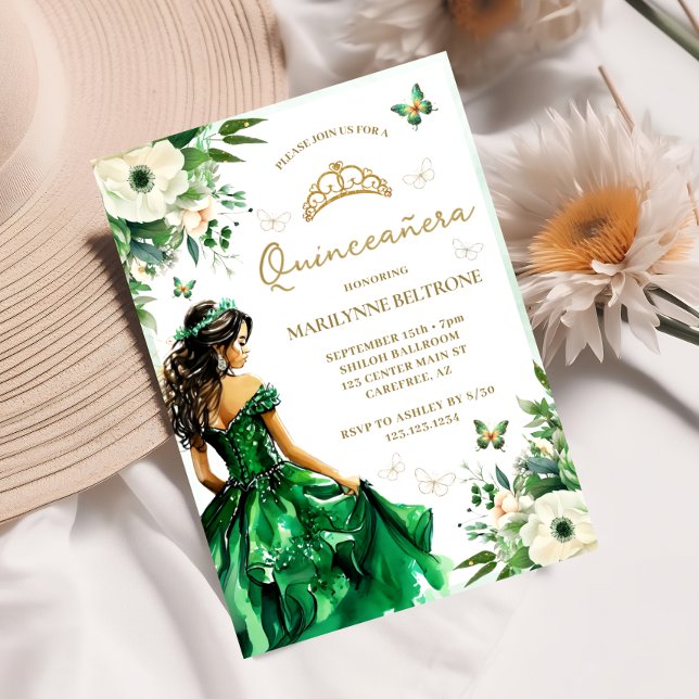 Green Floral Dress Butterfly Quinceañera  Invitation (Creator Uploaded)