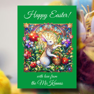 Green Floral Easter Rabbit Stained Glass Holiday Card
