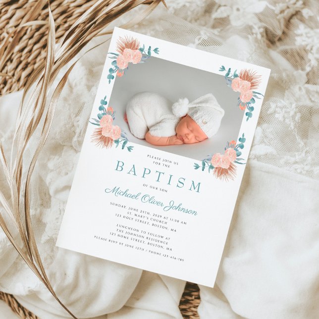 Green Floral Elegant Boy Photo Baptism Invitation (Green Floral Elegant Boy Photo Baptism Invitation)