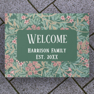 Green Floral Family Name Established Welcome Doormat