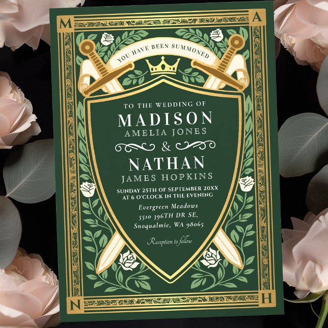 Green Floral Fantasy Sword Shield Monogram Wedding Invitation (Creator Uploaded)