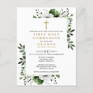 Green Floral First Holy Communion Save The Date Postcard