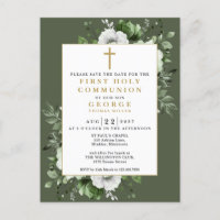 Green Floral First Holy Communion Save The Date