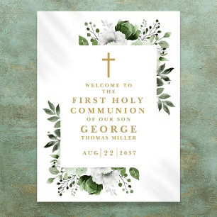 Green Floral First Holy Communion Welcome Sign