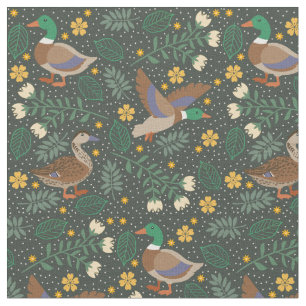 Green Floral Folk Ducks Pattern Fabric