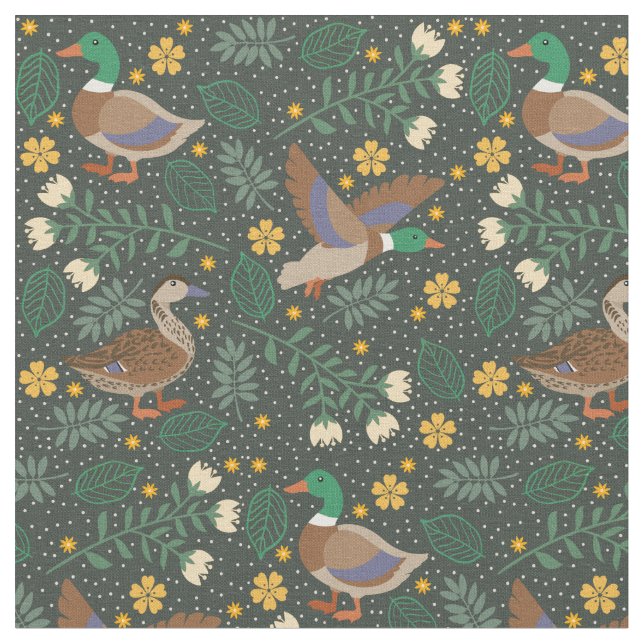 Green Floral Folk Ducks Pattern Fabric (Close Up)