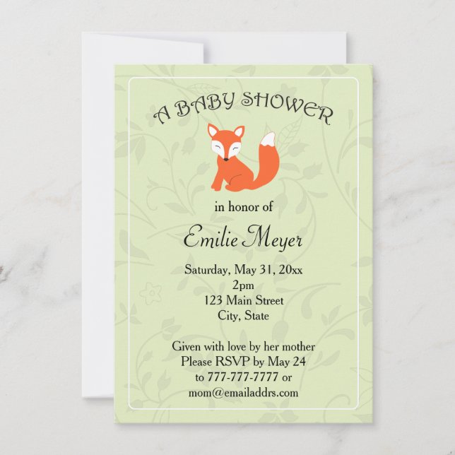 Green Floral Fox Woodland Baby Shower Invitation (Front)