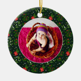 Green Floral Frame Baby's First Christmas Name Ceramic Tree Decoration