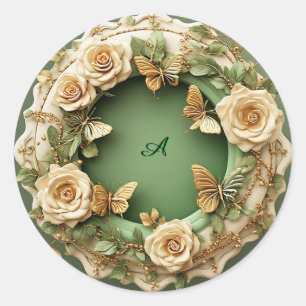 Green Floral Frame With Pink Roses Classic Round Sticker