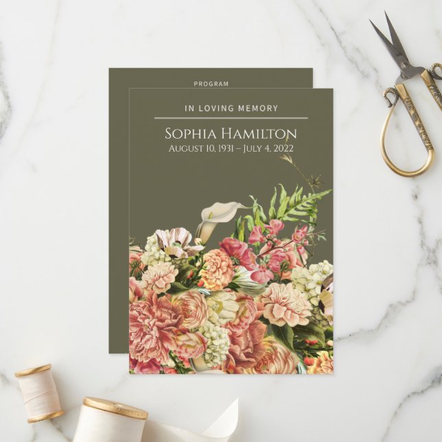 Green Floral Funeral Memorial Program Programme (Front/Back In Situ)