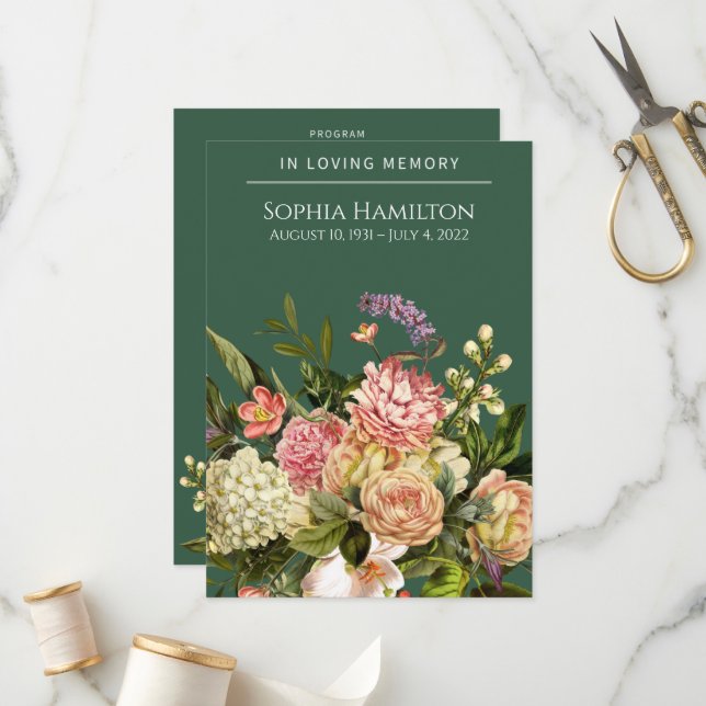 Green Floral Funeral Memorial Program Programme (Front/Back In Situ)