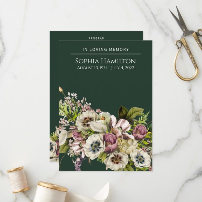 Green Floral Funeral Memorial  Programme (Front/Back In Situ)