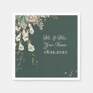 Green Floral Garland Script Elegant Wedding Napkin