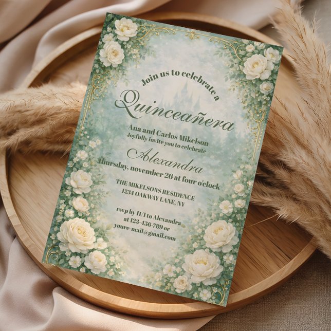 Green Floral Gold Garden Quinceañera Invitation (Creator Uploaded)