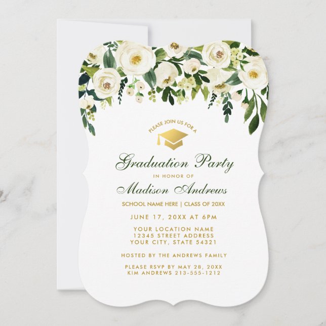 Green Floral Gold Graduation Party Invitation (Front)