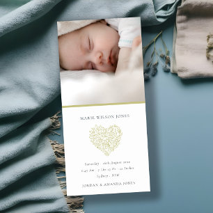 Green Floral Heart Photo Baby Birth Announcement 