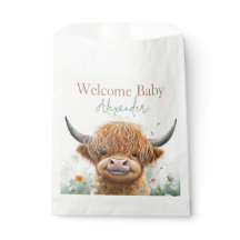 Green floral Highland cow baby shower favour bags