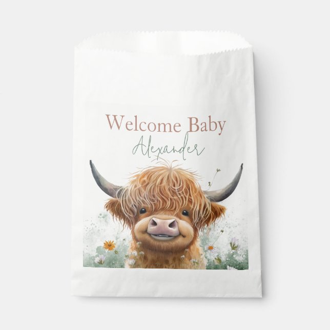Green floral Highland cow baby shower favour bags (Front)
