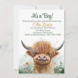 Green floral Highland cow baby shower invitation