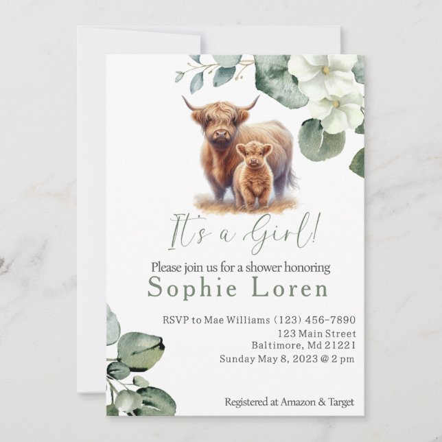 Green floral Highland cow girl baby shower Invitation (Front)