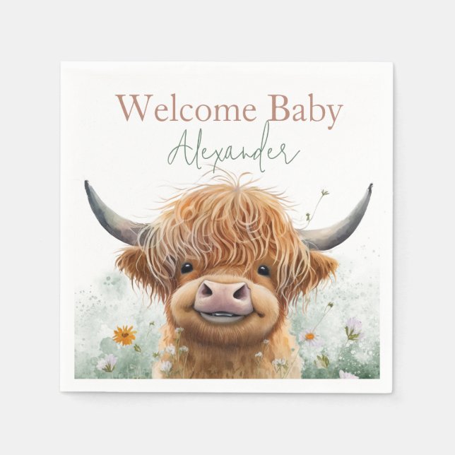Green floral Highland cow welcome baby napkins (Front)