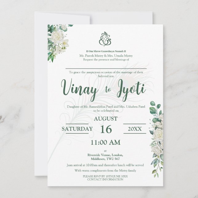 Green Floral Hindu Wedding Invitation (Front)
