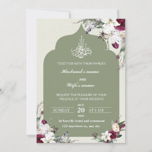 Green floral islamic wedding invitation card