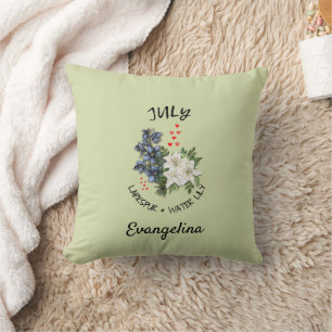 Green Floral JULY Birth Month Flower Custom Name Cushion