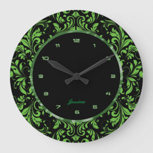 Green Floral Lace Over Black Background Large Clock