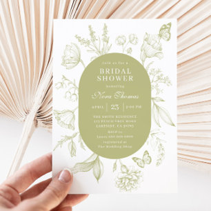 Green Floral Line Art Butterfly Bridal Shower Invitation