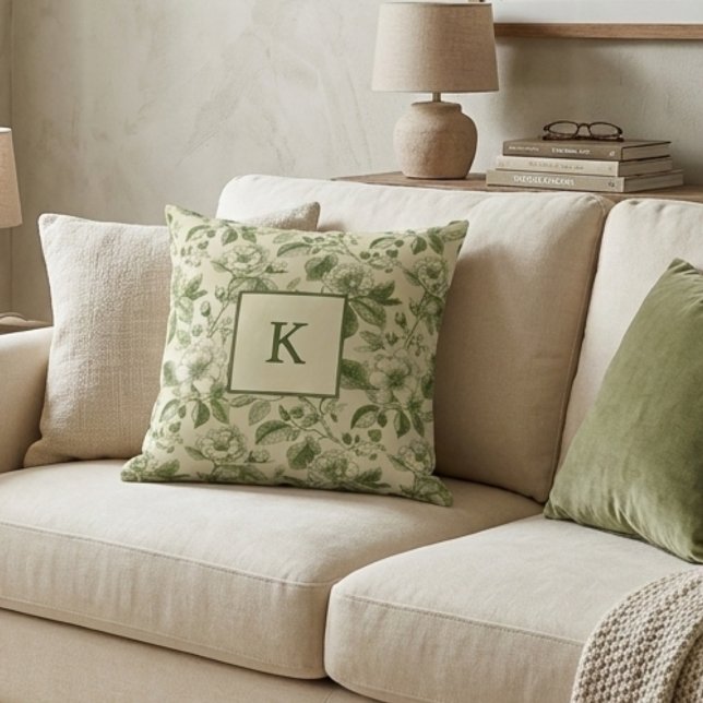 Green Floral Monogram Vintage Botanical Cushion (Creator Uploaded)