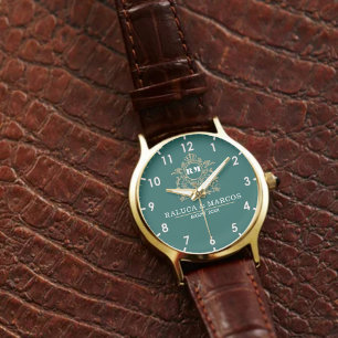  Green Floral Monogram Wedding Personalized Couple Watch