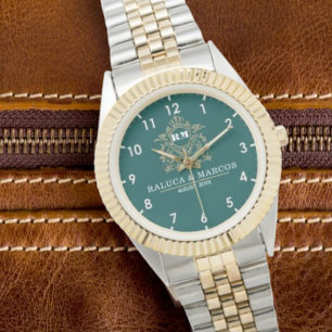  Green Floral Monogram Wedding Personalized Couple Watch