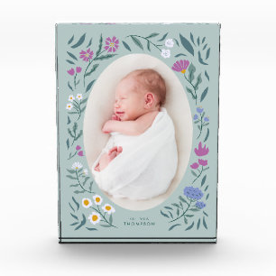 Green Floral Newborn Photo Keepsake Block