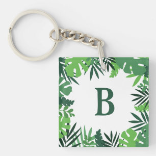 Green floral palm leaves add monogram letter key ring