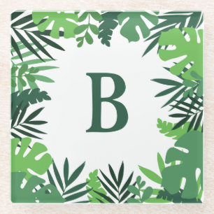 Green floral palm leaves monogram glass coaster