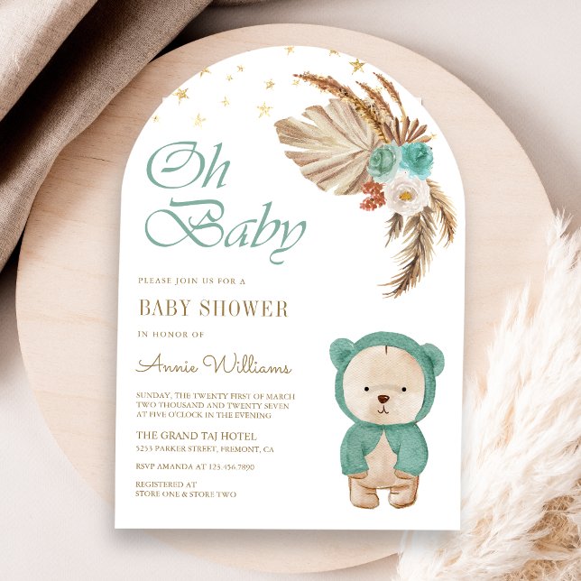 Green Floral Pampas Teddy Bear Arch Baby Shower Invitation (Creator Uploaded)