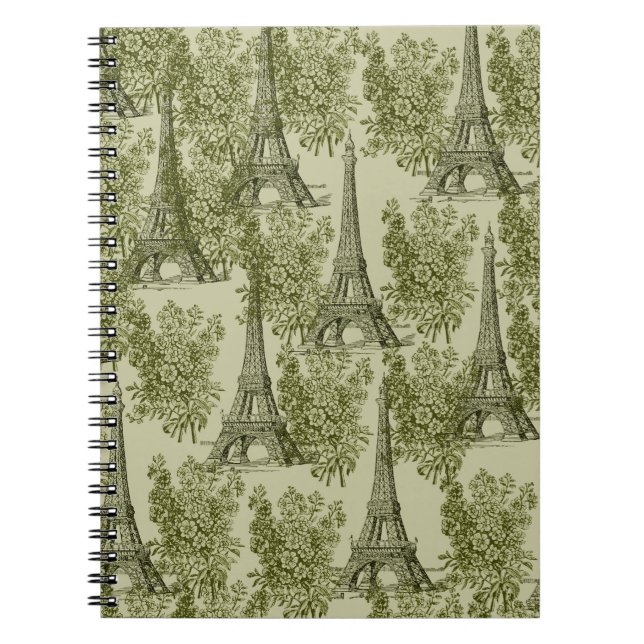 Green Floral Paris Eiffel Tower Spiral Notebook (Front)