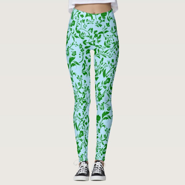 Green Floral Pattern G01. L Blue BG Leggings (Front)