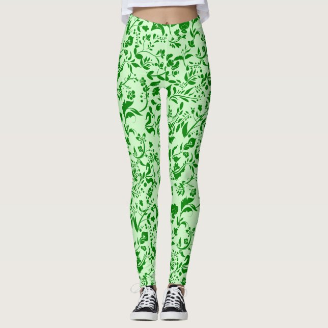 Green Floral Pattern G01. L Green BG Leggings (Front)