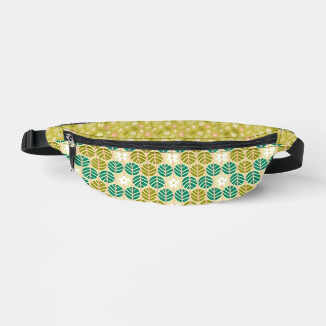 Green floral pattern groovy retro boho bum bags (Front)