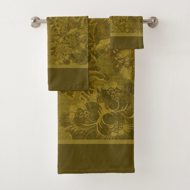 Green Floral Peacock Feather Damask Luxury Bath To Towel Set (Insitu)