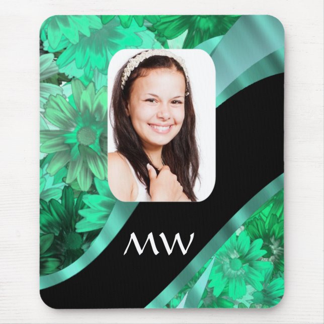 Green floral personalised photo mouse pad (Front)