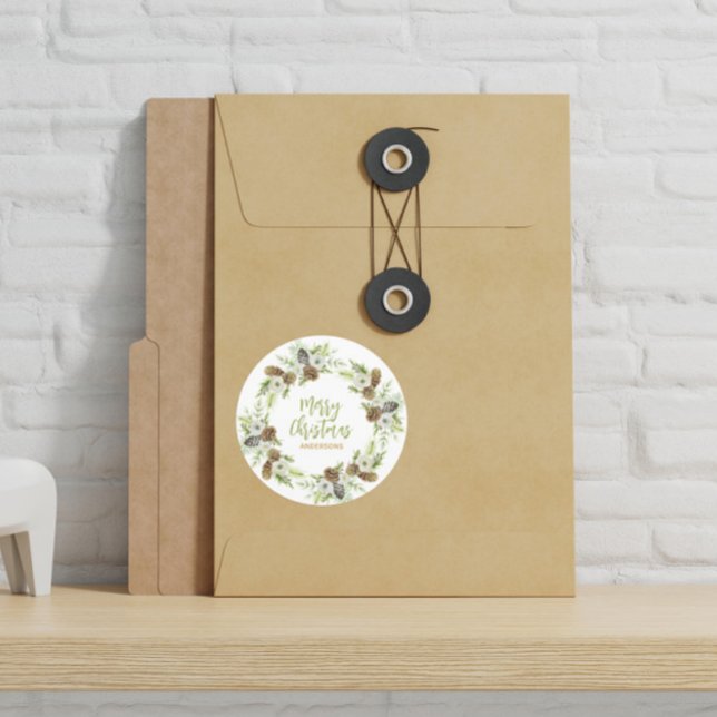 Green Floral Pines Christmas Wreath Classic Round Sticker (Creator Uploaded)