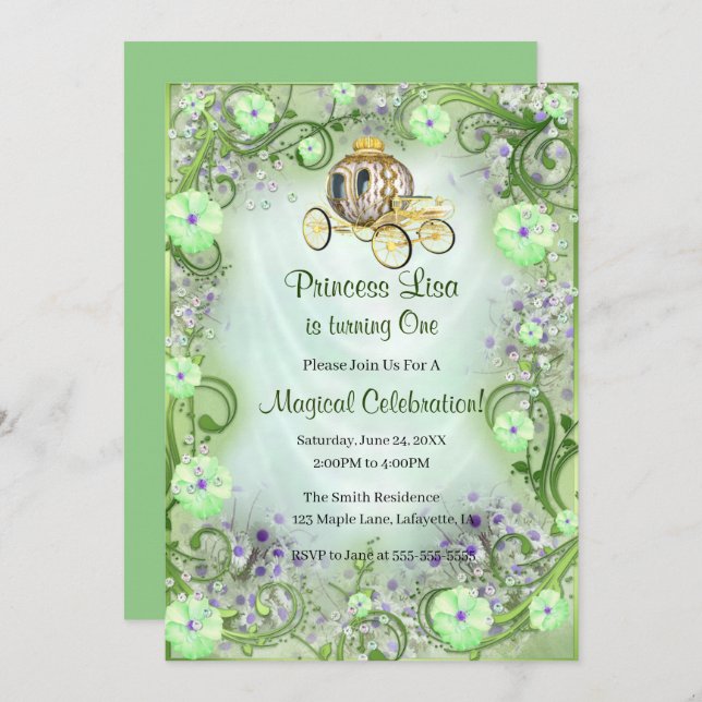 Green Floral Princess Enchanted 1st Birthday Invitation (Front/Back)