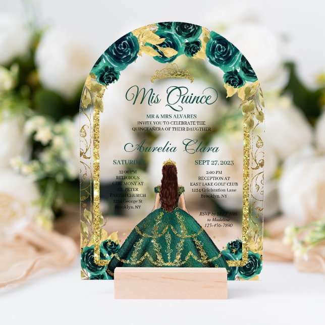 Green Floral Princess Gold Arch Quinceanera Acrylic Invitations (Creator Uploaded)